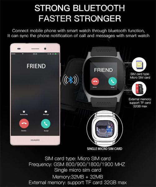 Hot T8 Bluetooth Smart Watch con fotocamera Phone Mate SIM Card Pedometro Vita impermeabile per Android iOS SmartWatch Pack in confezione al dettaglio