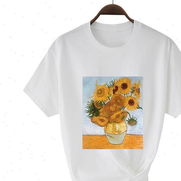 

a yellow potted flower graphic t shirt fashion new t shirt women funny style van gogh head classic selling t shirt, White