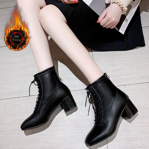 

boots pu leather platform ankle strap high heels women's zip spring autumn shoe women chaussures femme western motorcycle, Black
