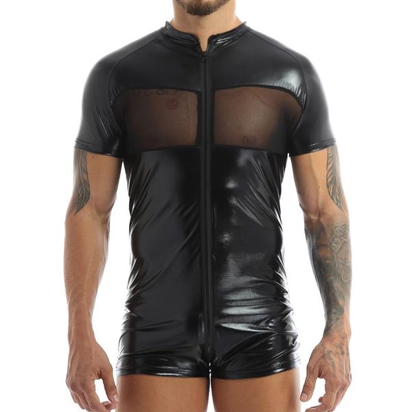 

mens lingerie bodysuit shiny metallic crew neck mesh patchwork skin-tight jumpsuit night club wear leotard short bodysuit, Black;brown