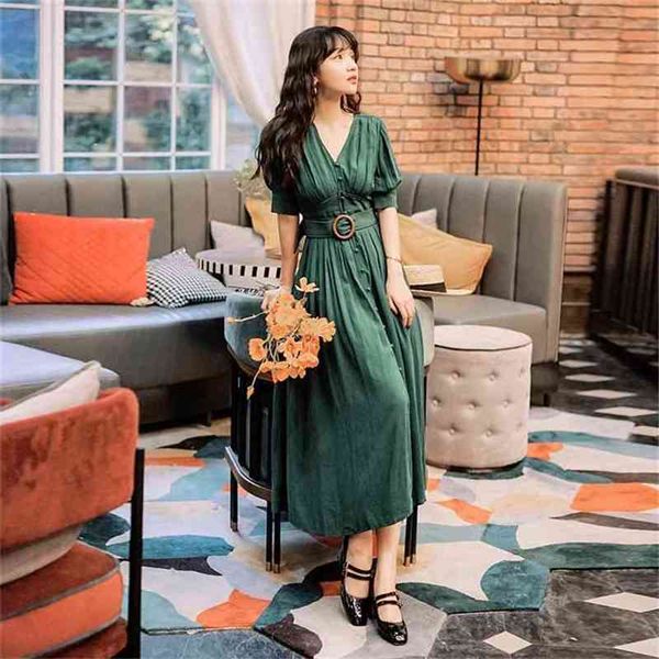 Vintage Sommer Kurzarm Lange Frauen Kleid V-ausschnitt Mid-Calf Fit und Flare Empire Baumwolle Büro Dame Kleider grün 210603
