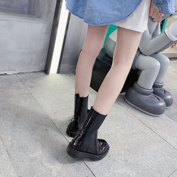 

patent leather ankle boots new fashion designer thick bottom flat luxury woman goddess has long legs shoes, Black