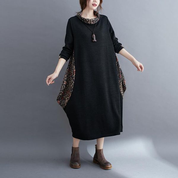 

casual dresses johnature women knitting 2021 autumn winter big turn-down collar loose leopard print female dress, Black;gray