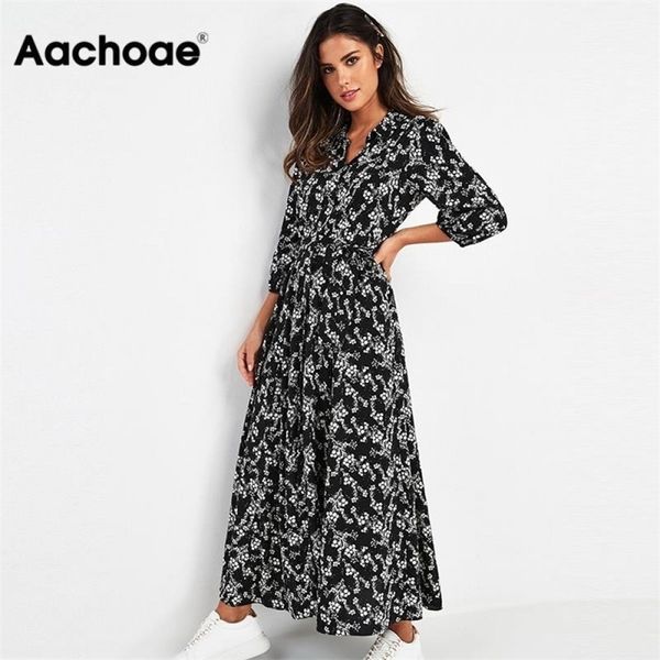 Aa Aahoae Vintage Floral Print Maxi Платье Женщины Boho Три четверти Рукава Длинное Платье Повернуть Воротник Повседневная Рубашка Платья Robe 210304