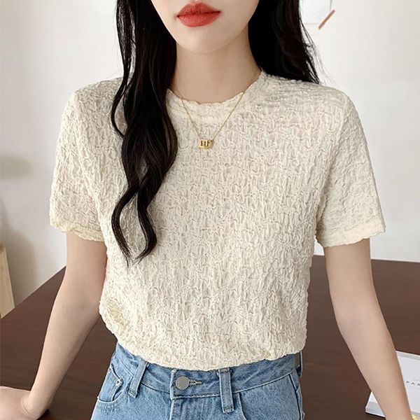 

women's t-shirt summer women t shirt folds solid simple basic casual female o neck slim thin short sleeve all match tee femme, White