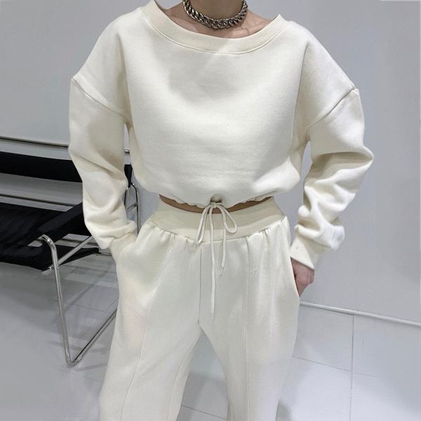 

women's two piece pants [ewq] korean chic minority round neck loose hem drawstring sweatshirt + high waist slim fit split flared set 20, White