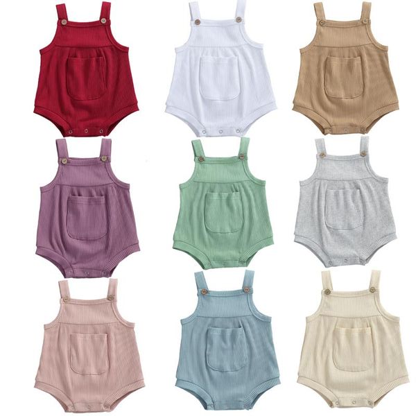 

2021 baby girls boys bodysuits summer clothing toddler newbown baby sleeveless ribbed pocket jumpsuits playsuits cotton clothes, Blue