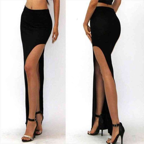 

skirt women long skirts lady empire open side split skirt high waist high slit long maxi skirts, Black
