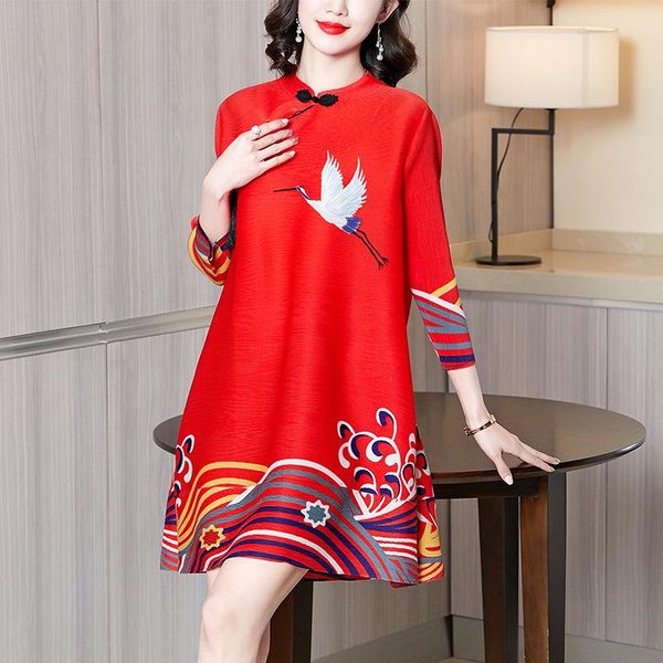 

casual dresses lady chinese style retro improved dress spring 2021 pleated, Black;gray