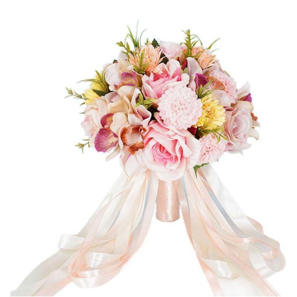 

wedding flowers bridal bouquet artificial rose chrysanthemum holding with ribbon