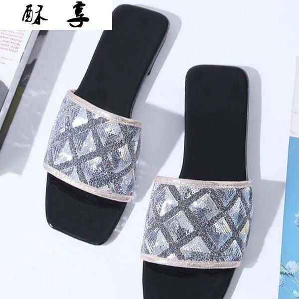 

slippers 2021 summer women flat heel sequined outer wear fashionable walking comfort beach, Black