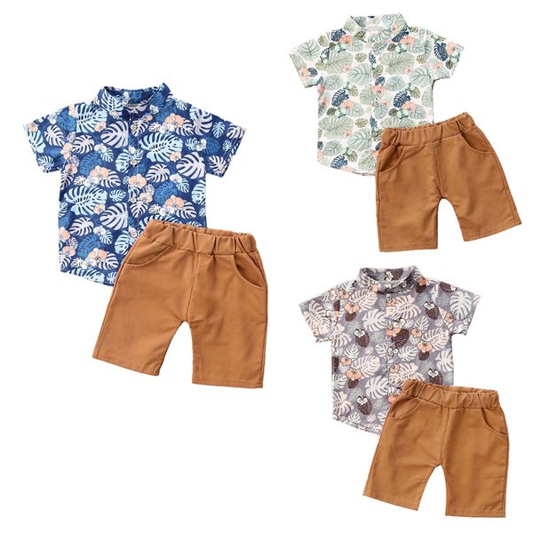 

0-4y summer infant baby boys clothes sets floral print short sleeve single breasted shirts +shorts, White