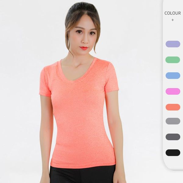 

women's v-neck tight short sleeve pro fitness running sports t-shirt clothes 2118