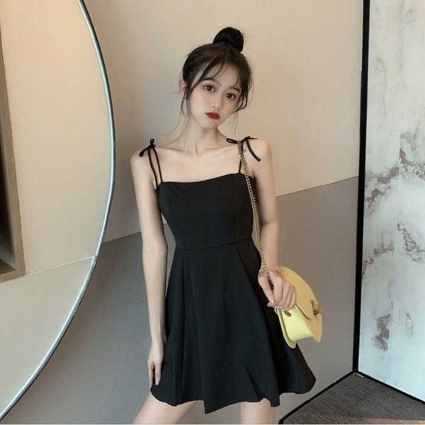 QWEEK Schwarz Spaghetti Strap Slip Kleid Sommer Sommerkleider Koreanische Mode Stil Off Schulter Backless Mini Party 210608