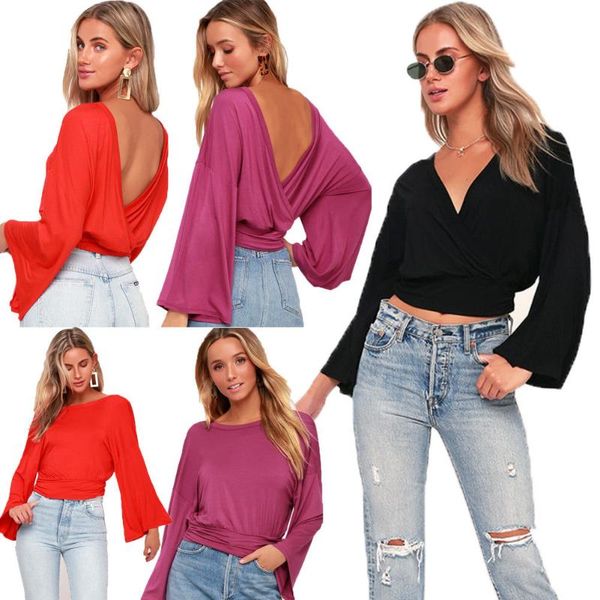 

women's t-shirt fashion reversible casual solid t shirt long sleeve v-neck loose clothes, White