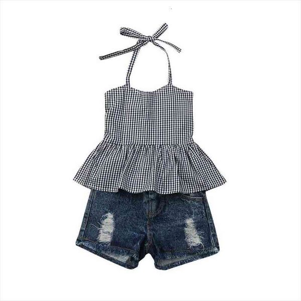 

baby girl checked shirt denim jeans shorts toddler kid clothes 2pcs outfit, White