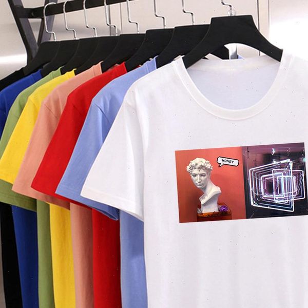 

retro t shirt honet letter print new tshirt women special combination of stone statues graphic michelangelo tshirt, White