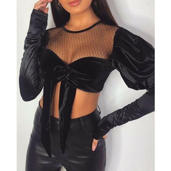 

women velvet mesh patchwork blouse shirts puff long sleeve lace up crop ladies slim crew neck pullover blusas clubwear women's blo, White