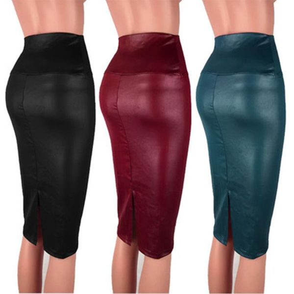 

25# 2021 new women skirt mini bodycon skirt office women slim knee length high waist stretch pencil skirts slit hip, Black