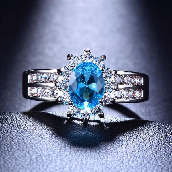 

cluster rings bamos classic oval stone ring cz color blue green red double row white gold filled wedding jewelry for women, Golden;silver