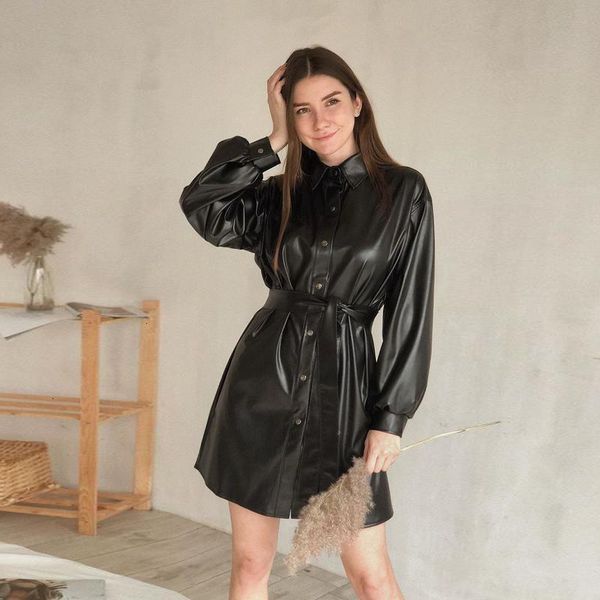 

vintage black pu a-line mini turn down collar lantern sleeve single button sashes casual 2021 new women h62l, Black;gray