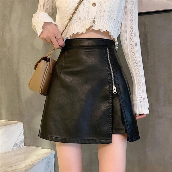 

a line open fork womens skirt zipper pu leather high waist pencil wrap hip short punk skirts ladies black