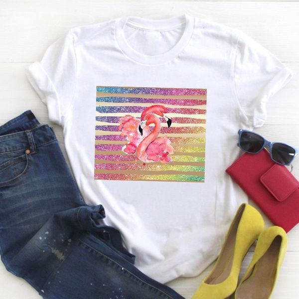 

women flamingo striped kawaii short sleeve cartoon ladies summer t tee tshirt womens female shirt clothes graphic t-shirt, White