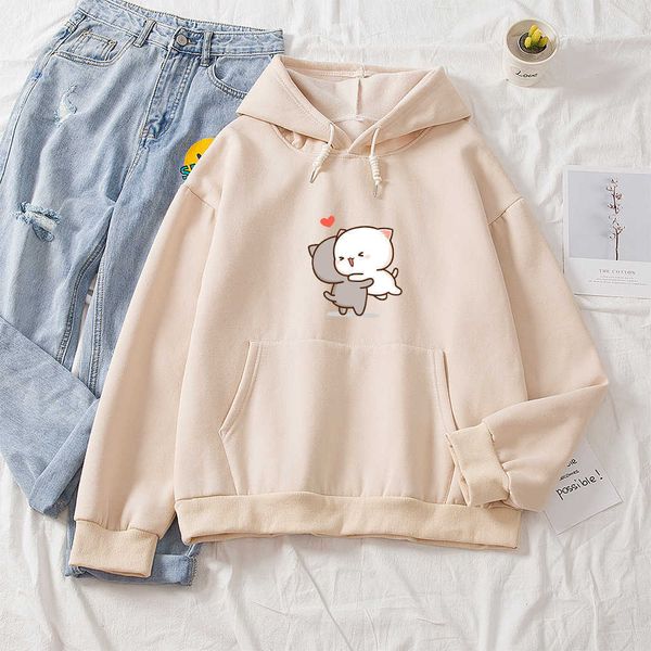 

kawaii womens loose streetwear sweatshirts cotton hoodies women hooded cat cartoon oversize hoodie pullovers korean style warm y0820, Black