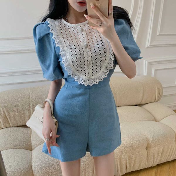 

hollow out lace patchwork denim jumpsuit for women o neck puff sleeve high waist casual short rompers female 210526, Black;white