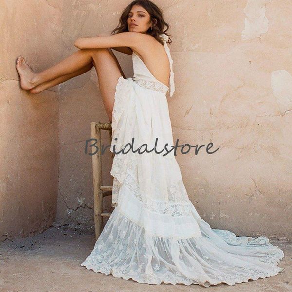 

rustic greek lace boho wedding dresses 2021 halter backless summer beach wedding dress v neck sleeveless garden wedding bride lace gown, White