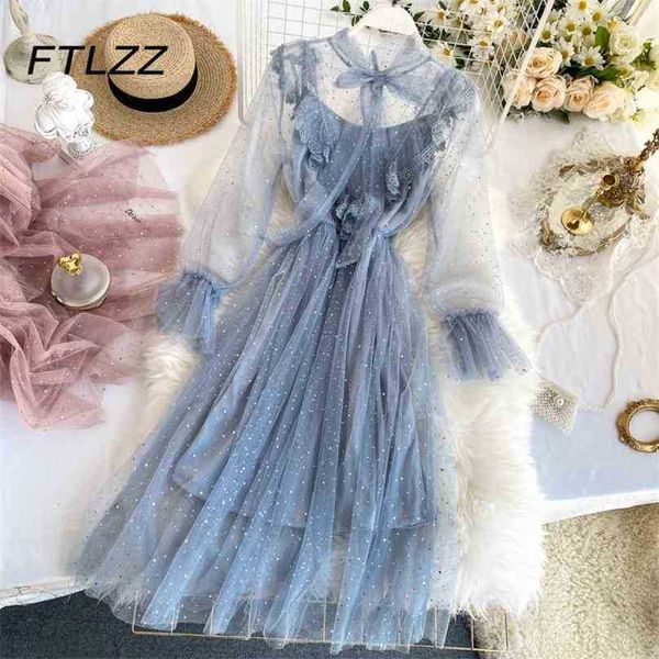 

women sweet mesh dress spring summer long sleeve bow collar bandage lace dresses ladies ruffles sequins robe vestidos 210525, Black;gray