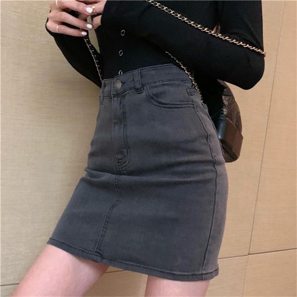 

skirts vintage women pencil skirt summer solid mini pocket elastic denim 2021 fashion female high waist zipper, Black