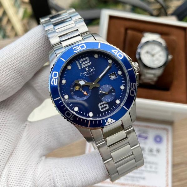 

wristwatches men black blue grey ceramic bezel moonphase stainless steel automatic mechanical sport date watch, Slivery;brown