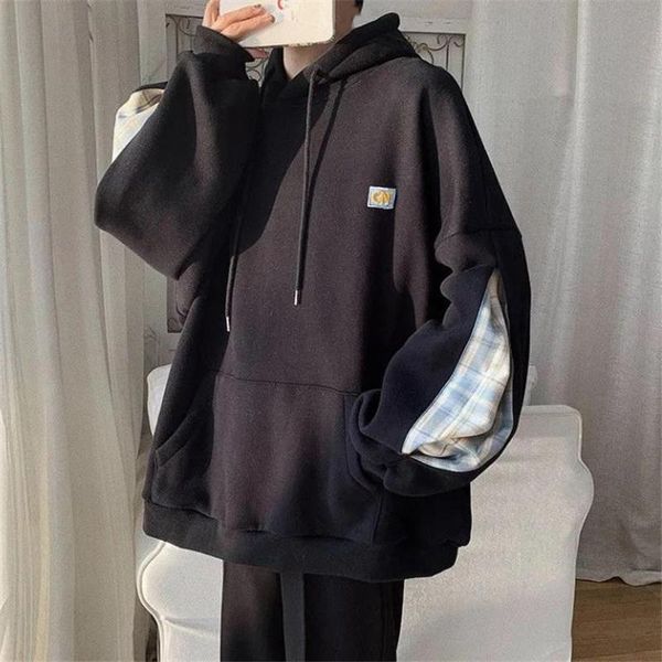 

men's hoodies & sweatshirts vintage men sweatshirt autumn fashion long sleeve hooded plaid print patchwork baggy pullover leisure stree, Black