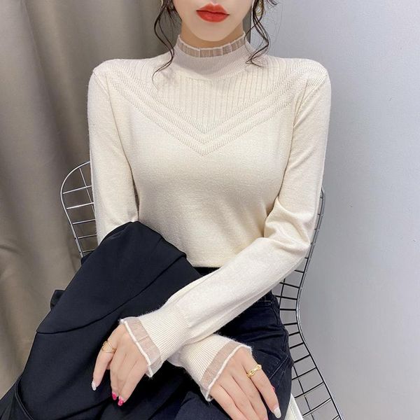 

women's sweaters room 216742 [under no. 2, row 4] real shooting lace solid color semi high neck knitted bottomed shirt [1038] 42, White;black