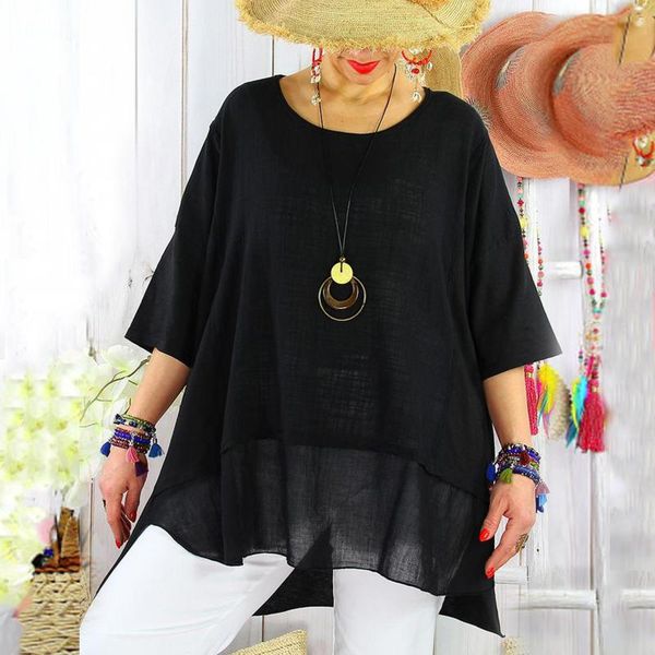 

women's blouses & shirts summer women loose irregular casual linen o neck half sleeve blouse see through womens blusas y camisas haut, White