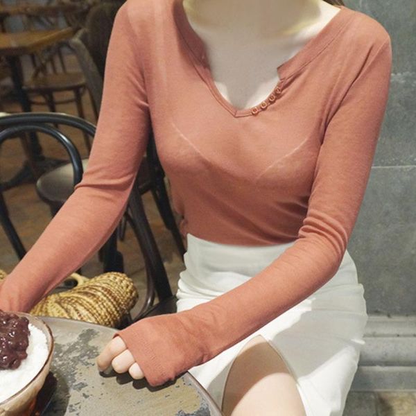 

women's t-shirt womengaga korean 2021 spring summer mesh perspective long sleeve v neck button tee pin red women vintage t9, White