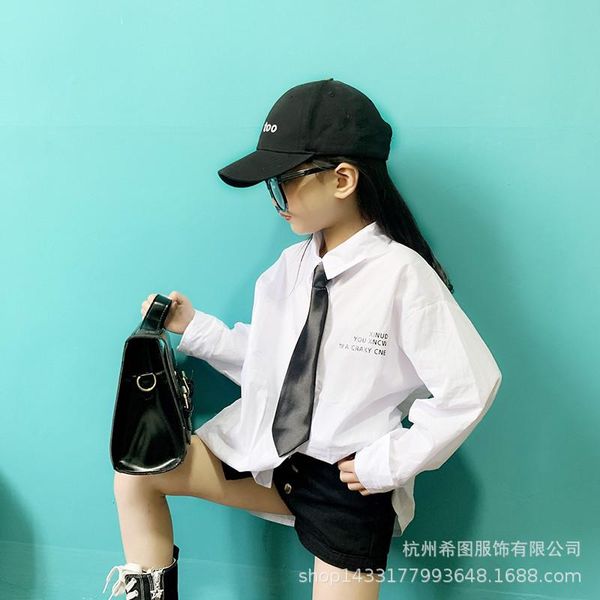 

shirts 2021 spring children's clothing girls wild white shirt casual with tie, White;black
