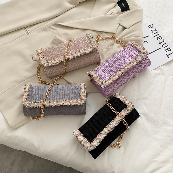 

ruched brand design eveningbags knitted vintage beaded party day clutches shoulder chain cover female purse