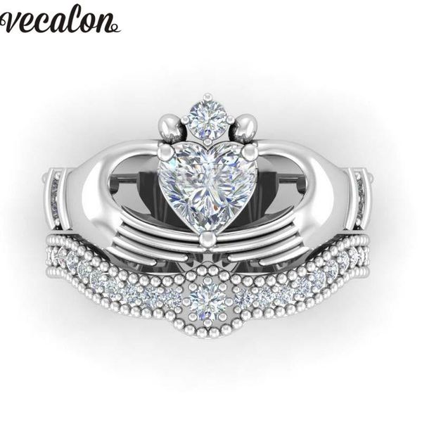 

wedding rings vecalon luxury lovers claddagh ring 1ct 5a zircon cz white gold filled engagement band set for women men, Slivery;golden