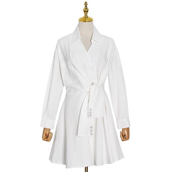 

casual dresses [ewq] lace up white mini female clothing 2021 tide ruched dress women lapel long sleeve shirt, Black;gray