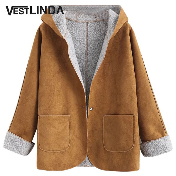 

suede jacket coat winter warm overcoat faux leather jackets women clothing ladies coats cuffed sleeves hooded sheepskin coat, Black