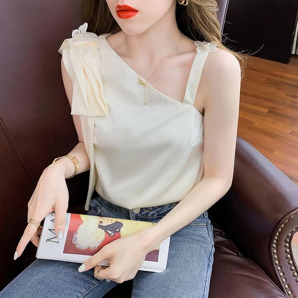 

women's blouses & shirts fashion women clothing summer irregular camis skew collar sleeveless one shoulder blouse beading bow tassel, White