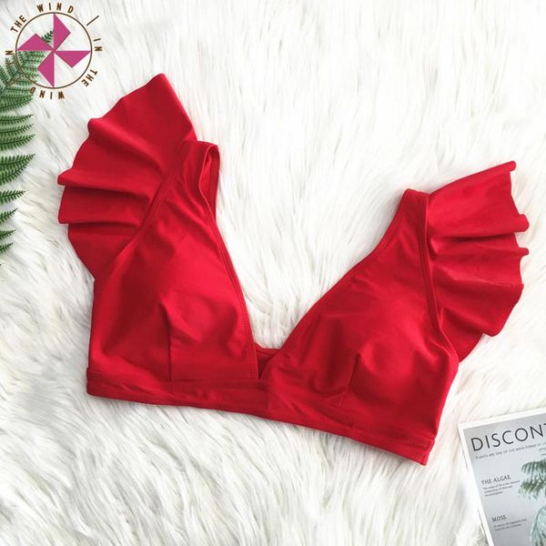 

in the wind solid yellow ruffled v-neck bikini women single padded bra tank 2021 separate swimwear bathing bra