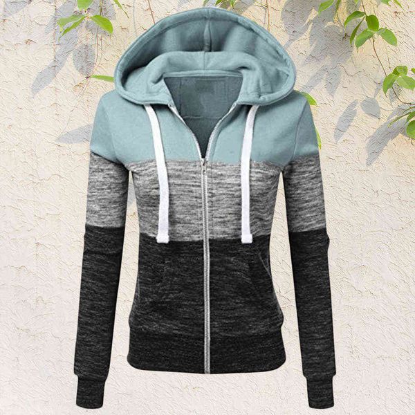 

women sweatshirts autumn winter hoodies long sleeve hoody ladies zipper pocket patchwork hooded sweatshirt female outwear y0820, Black