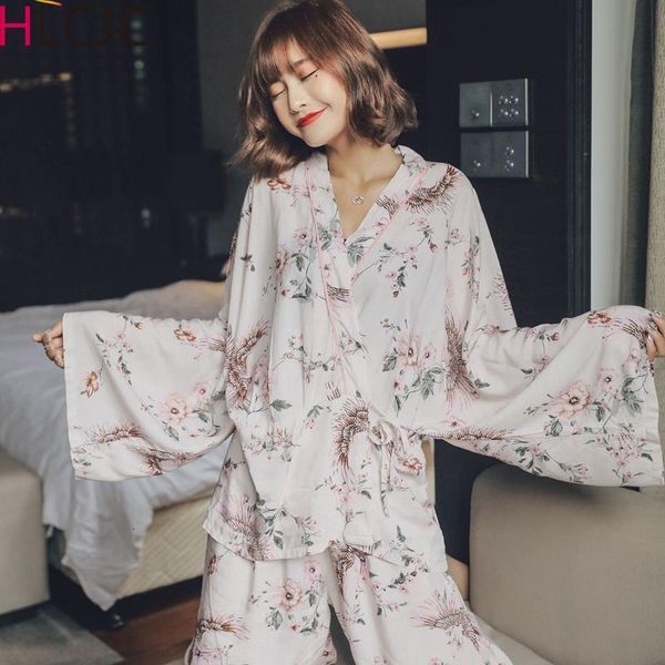 

2020 new spring summer women cotton pajamas set flowers kimono shirt pants pajamas sleepwear thin pyjamas home clothing pijama, Black;red