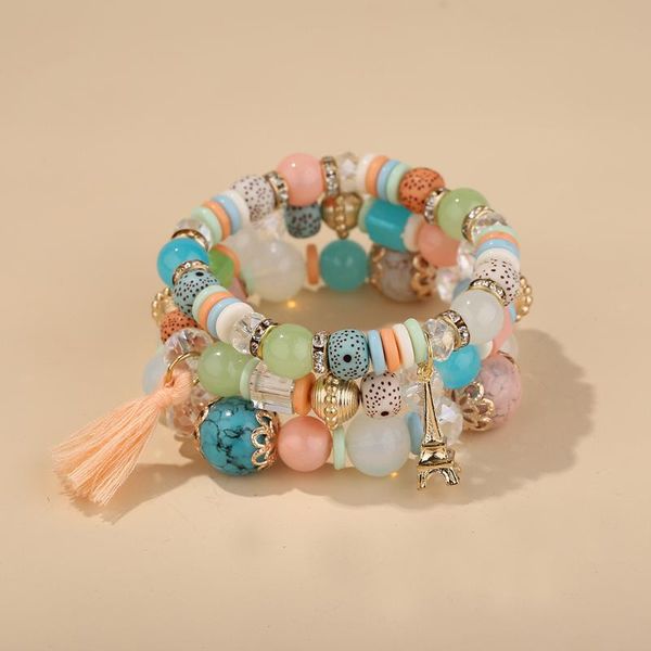 

beaded, strands 3pcs/set fashion tower pendant tassel bracelets for women bohemian multilayer elastic crystal glass beads beaded top, Black