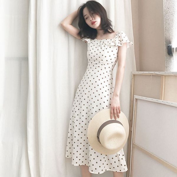 

women summer off shoulder midi dress vintage polka dot female boho dress casual holiday lady chiffon beach vestidos, Black;gray