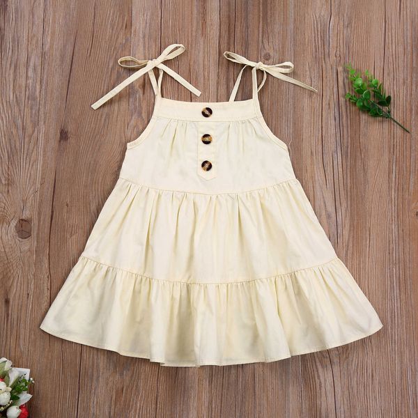 Principessa infantile per bambini ragazze vestito tracolla cinturino a tracolla a colori solido Pulsante di fionda torta a strati A-line Dress 0-5Y Q0716