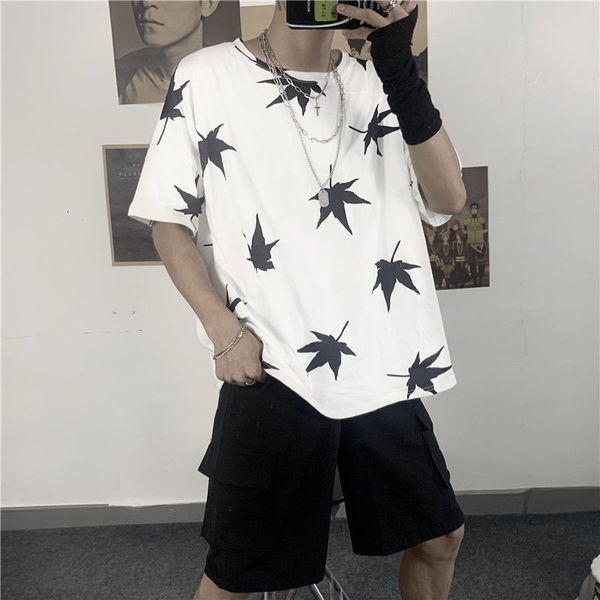 

2021 new japo folha imprimir camisetas engraado estudante kawaii solto camisa vero manga curta tshirt streetwear hip hop branco t masculino, Black